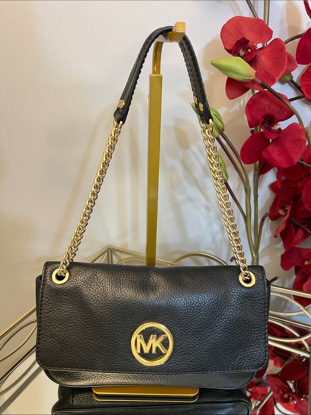 Michael Kors Fulton Flap Black Pebbled Leather Shoulder Bag with Gold Chain